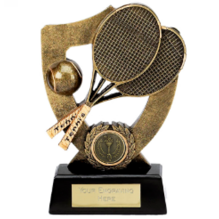 TENNIS AWARD  SHEILD TROPHY - GOLD  RESIN - 7'' 